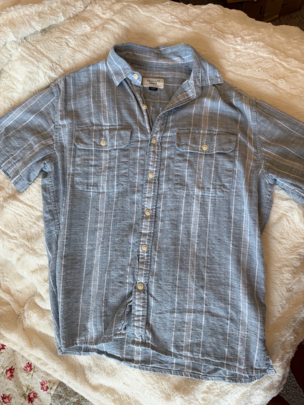 American Eagle Outfitters Blue and White Striped Short Sleeve Button-Down Shirt